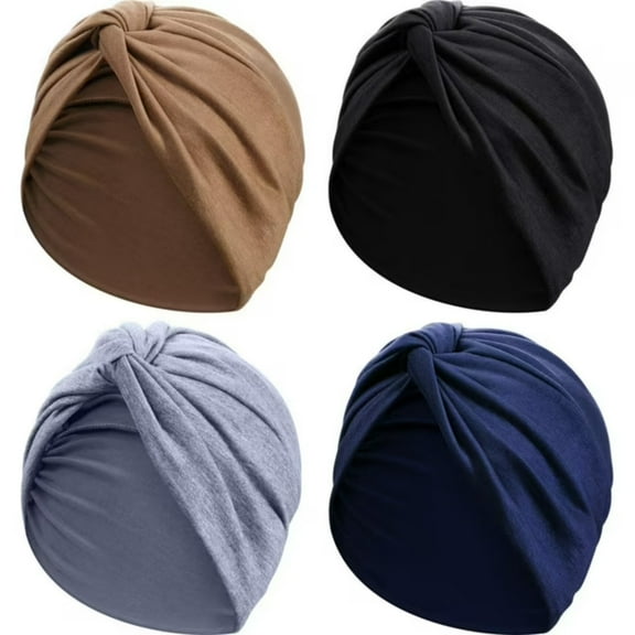 4 Pieces Turbans for Women Soft Pre Tied Knot Headwrap Sleep Hat, 4 Colors:Black Gray Khaki Navy Blue