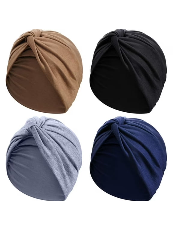 4 Pieces Turbans for Women Soft Pre Tied Knot Headwrap Sleep Hat, 4 Colors:Black Gray Khaki Navy Blue