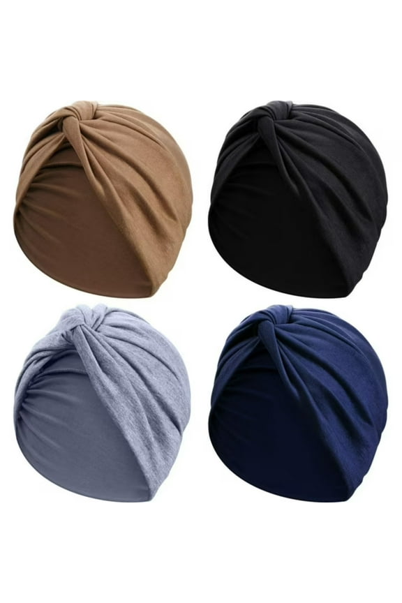 4 Pieces Turbans for Women Soft Pre Tied Knot Headwrap Sleep Hat, 4 Colors:Black Gray Khaki Navy Blue