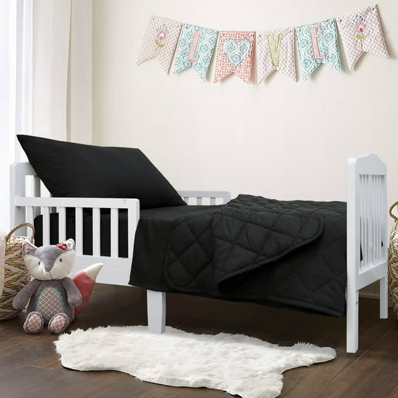 4 Pieces Ultra Soft Microfiber Toddler Bedding Set, Easy Care Crib Sheets Set with Quilt, Toddler Size, Black