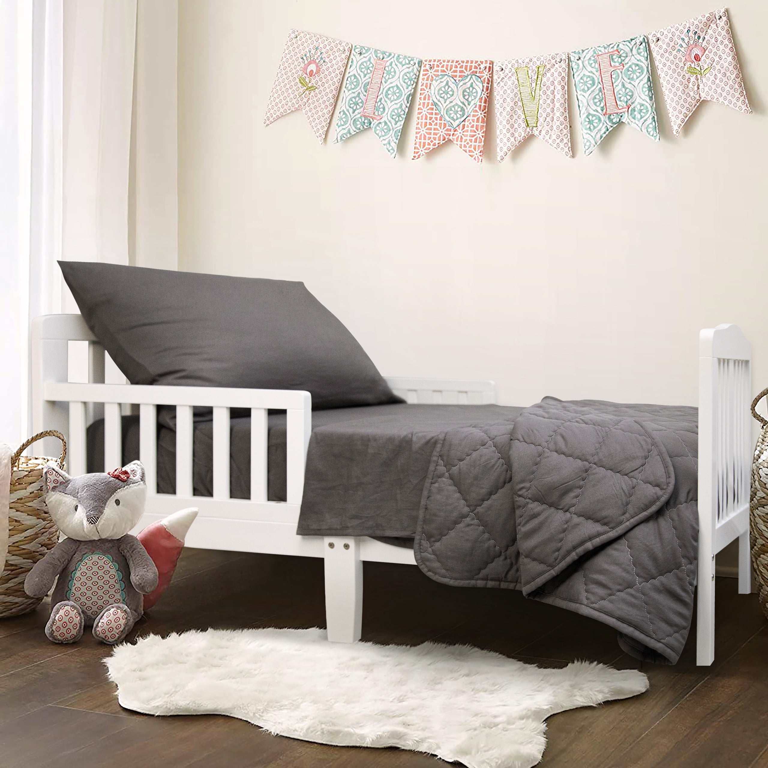 4 Pieces Ultra Soft Microfiber Toddler Bedding Set, Easy Care Crib Sheets Set with Quilt, Toddler Size, Dark Gray