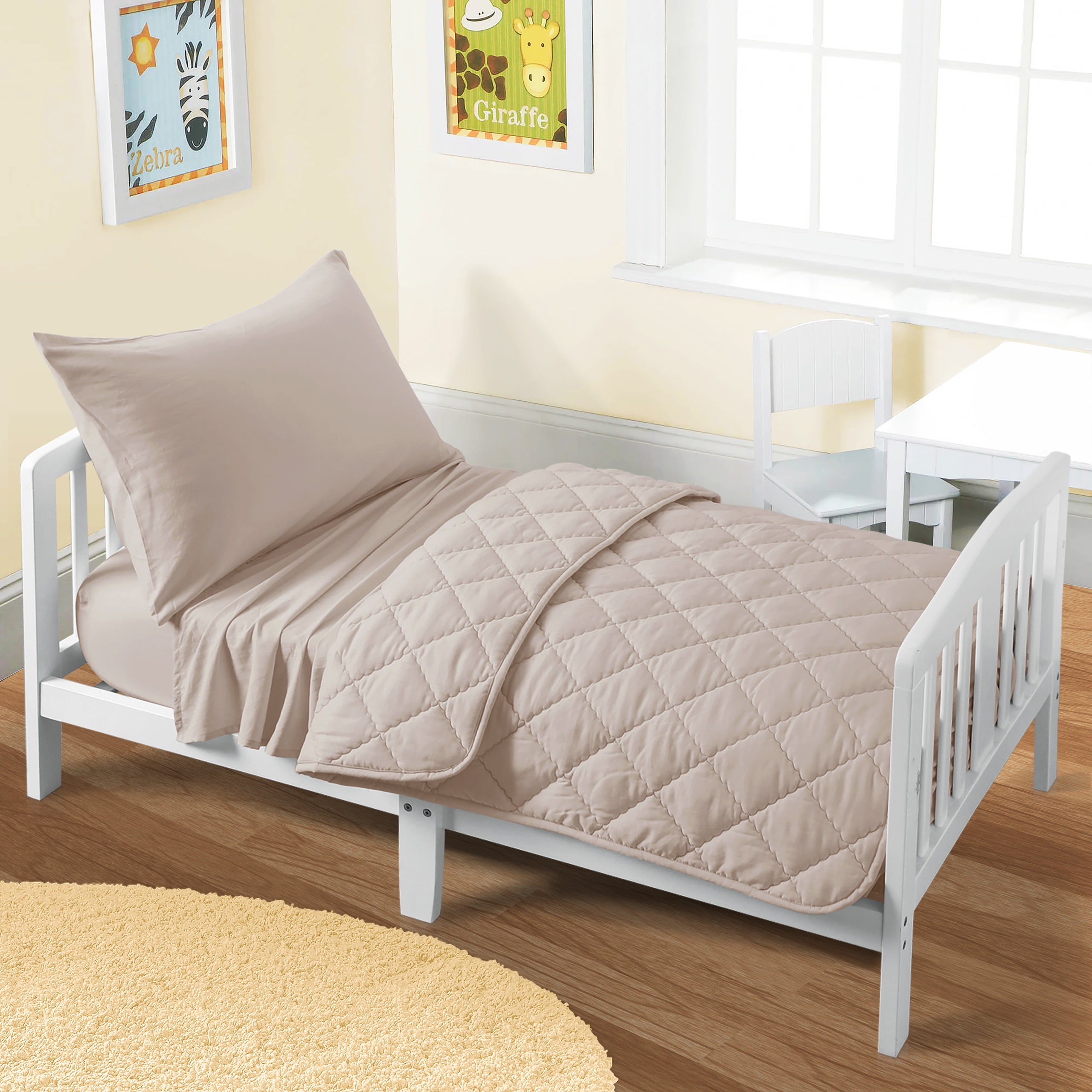 4 Pieces Ultra Soft Microfiber Toddler Bedding Set, Easy Care Crib Sheets Set with Quilt, Toddler Size, Khaki
