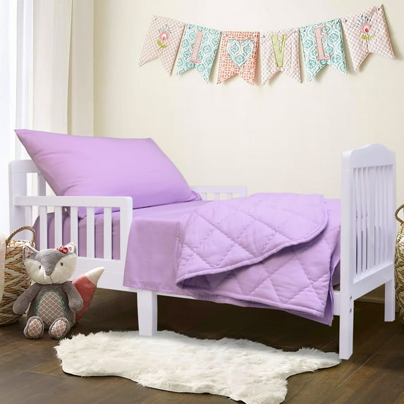 4 Pieces Ultra Soft Microfiber Toddler Bedding Set, Easy Care Crib Sheets Set with Quilt, Toddler Size, Light Purple