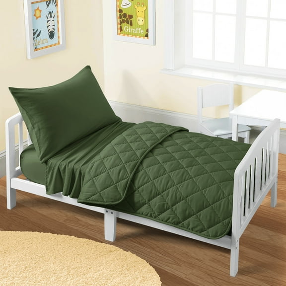 4 Pieces Ultra Soft Microfiber Toddler Bedding Set, Easy Care Crib Sheets Set with Quilt, Toddler Size, Olive Green