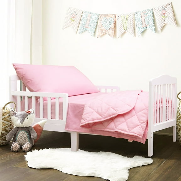 4 Pieces Ultra Soft Microfiber Toddler Bedding Set, Easy Care Crib Sheets Set with Quilt, Toddler Size, Pink