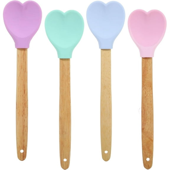 4 Pieces Valentine's Day Heart Shaped Spoons Silicone Spatulas with Wooden Handles for Serving Stirring Baking Kitchen Accessories