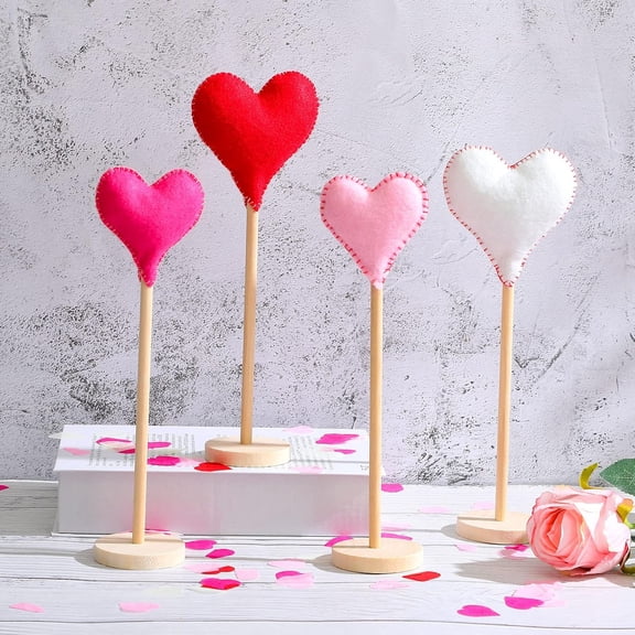 4 Pieces Valentine's Day Tall Standing Felt Heart Block Set Valentine's Day Felt Heart Tabletop Decor Felt Fabric Heart Shelf Table Decor for Valentine Day Wedding Home Party