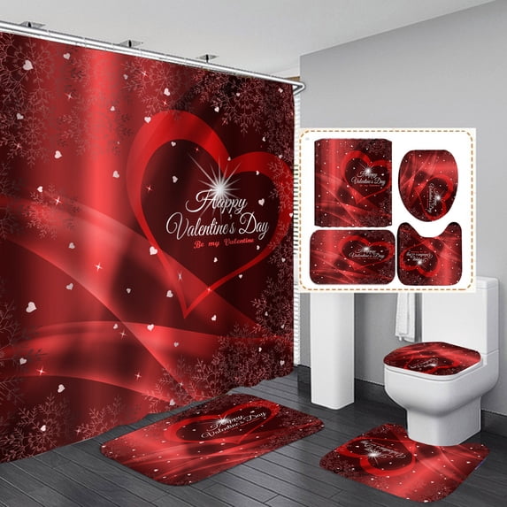 4 Pieces Valentines Day Shower Curtain Set Bathroom Water Resistant Fabric with Hooks, 72"x72"