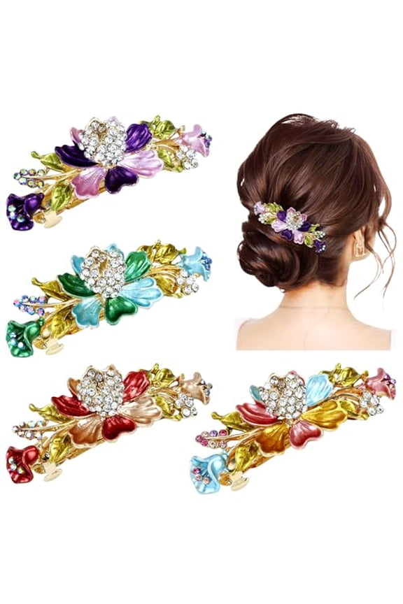 4 Pieces Vintage Gold Metal Sparkly Rhinestone Flower French Hair Barrettes Floral Snap Hair Clips Clasps Accessories for Women Girls