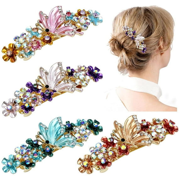 4 Pieces Vintage Gold Metal Sparkly Rhinestone Flower French Hair Barrettes Floral Snap Hair Clips Clasps Accessories for Women Girls