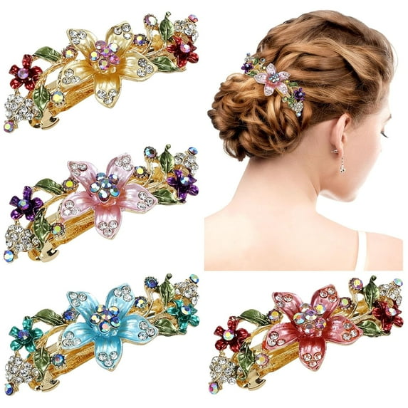 4 Pieces Vintage Gold Metal Sparkly Rhinestone Flower French Hair Barrettes Floral Snap Hair Clips Clasps Accessories for Women Girls