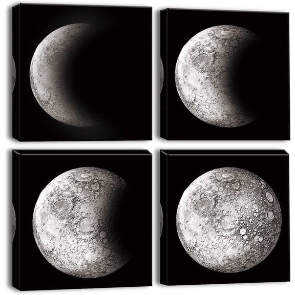 4 Pieces Wall Art Canvas Prints - Black and White Moon Phase Picture Painting - Modern Wall Artwork Framed for Gifts Bathroom Home Kitchen Office Decor - 12 x 12 Inch