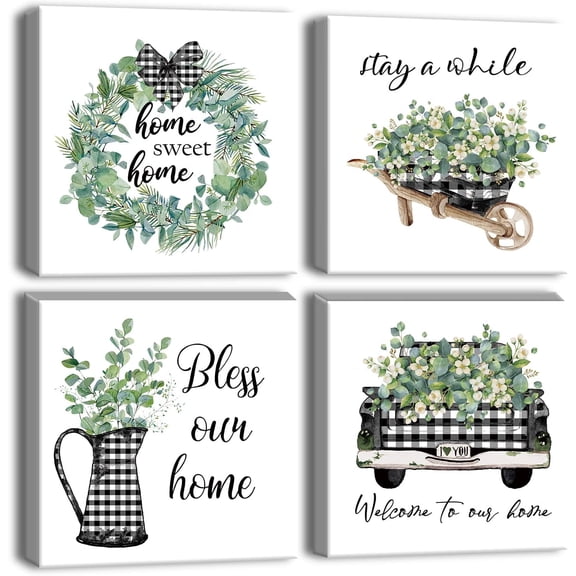 4 Pieces Wall Art Canvas Prints - Sweet Home Theme Picture Painting - Modern Wall Artwork Framed for Gifts Bathroom Home Kitchen Office Decor - 12 x 12 Inch