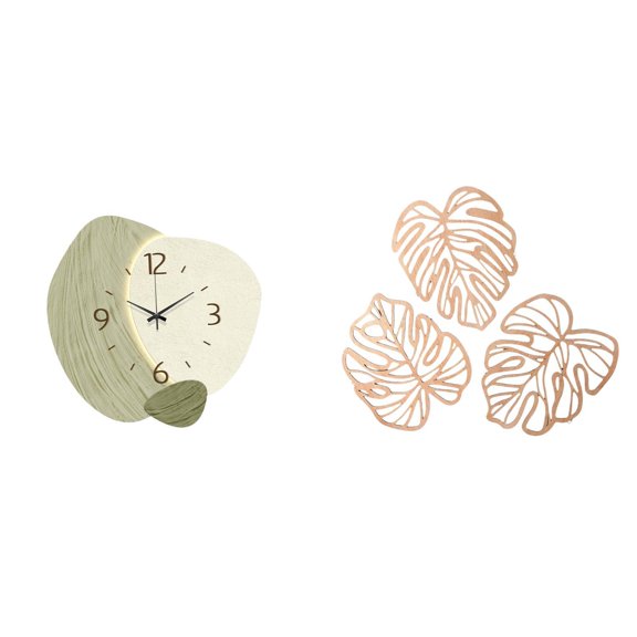 4 Pieces Wall Clock Decorative Clocks Palm Leaves Wood Material Silent Function Ideal for Office Living Room Kitchen