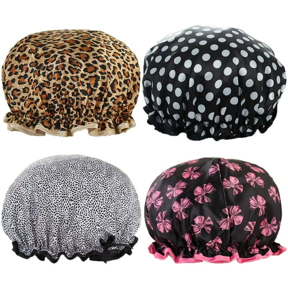 4 Pieces Waterproof Shower Cap,Shower Caps for Women, Elastic Reusable Bathing Hair Cap Environmental Protection Hair Bath Caps, Double Waterproof Layers Bathing Shower Hat