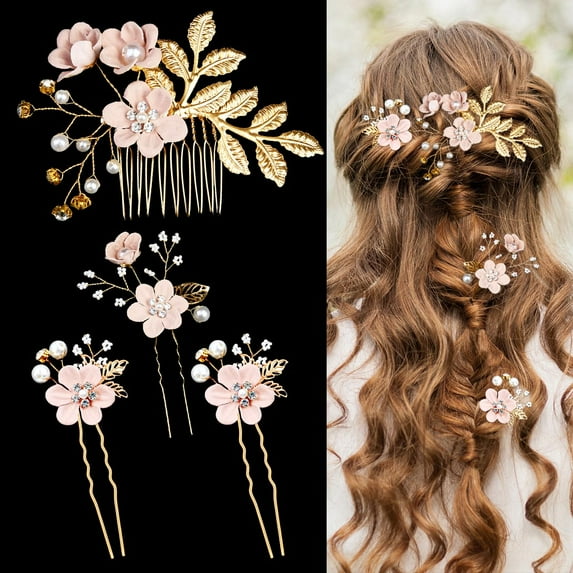 4 Pieces Wedding Flower Hair Pins Pearl Rhinestone Bridal Hair Combs Vintage Hair Forks Wedding Hair Accessories Headpiece Hair Clips for Brides Bridesmaids Women and Girls (White)