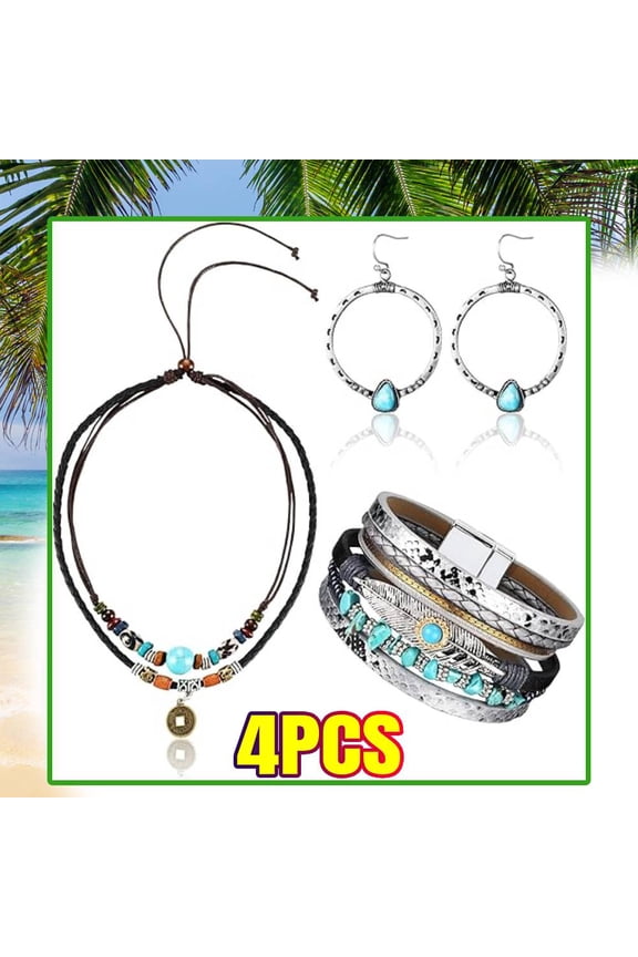 4 Pieces Western Jewelry for Women Bohemian Turquoise Pendant Choker Necklace Turquoise Boho Bangle Braided Leather Wristbands Bracelets and Vintage Circle Earrings