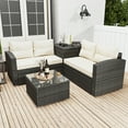thumbnail image 1 of 4 Pieces Wicker Furniture Set, Outdoor Conversation Sofa Set, PE Rattan Sectional with 2 Cushioned Loveseats, Glass Coffee Table and Side Cabinet, for Patio, Backyard, Poolside, Deck, Beige, D5641, 1 of 10
