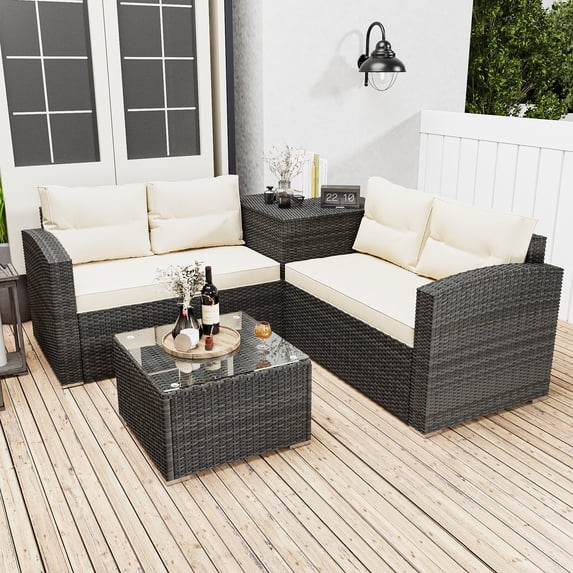 4 Pieces Wicker Furniture Set, Outdoor Conversation Sofa Set, PE Rattan Sectional with 2 Cushioned Loveseats, Glass Coffee Table and Side Cabinet, for Patio, Backyard, Poolside, Deck, Beige, D5641