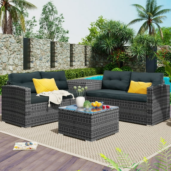 4 Pieces Wicker Furniture Set, Outdoor Conversation Sofa Set, PE Rattan Sectional with 2 Cushioned Loveseats, Glass Coffee Table and Side Cabinet, for Patio, Backyard, Poolside, Deck, Gray, D6881