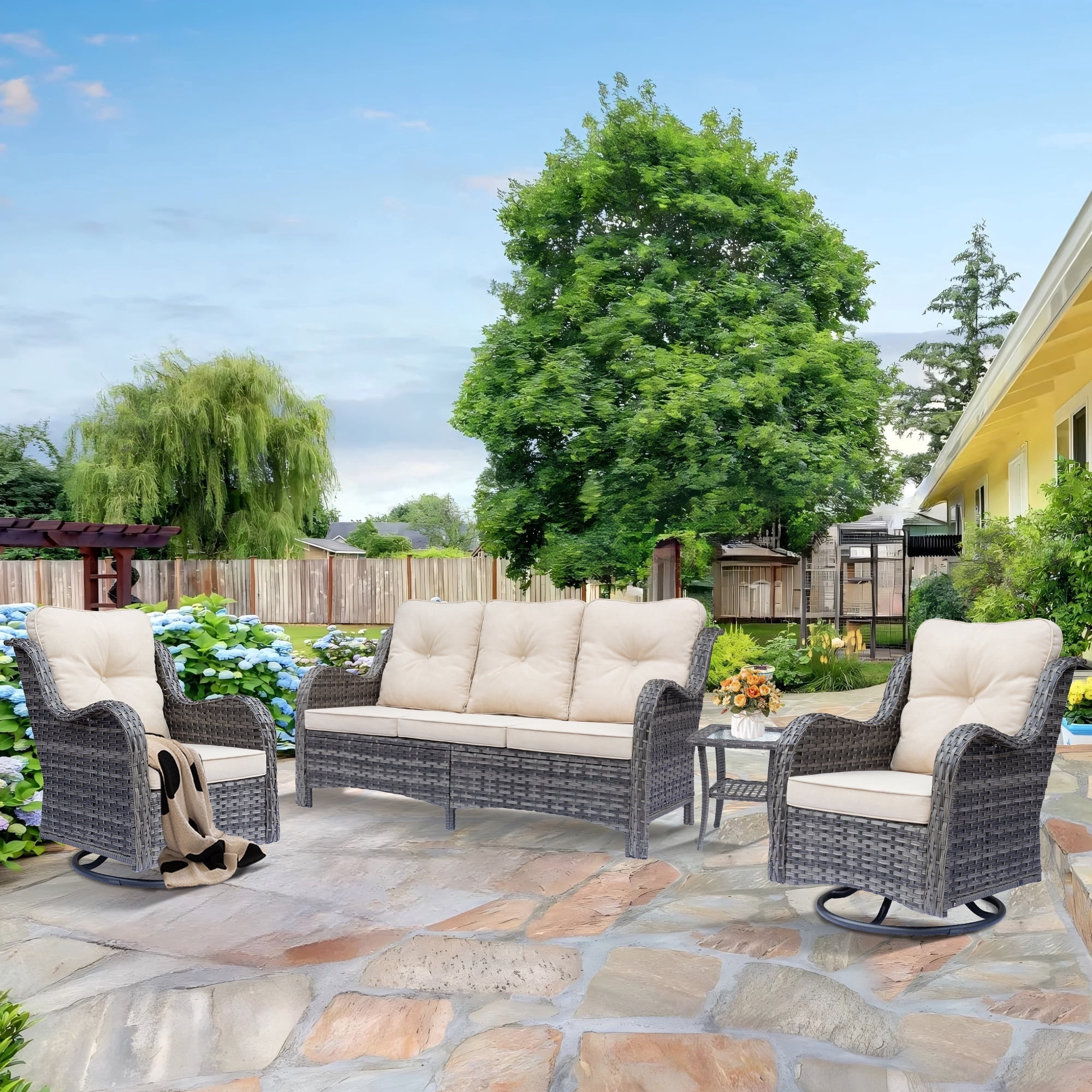 Fulljojor 4 Pieces Outdoor Patio Furniture Set, Rattan Wicker Sectional Swivel Rocker Chairs Sets