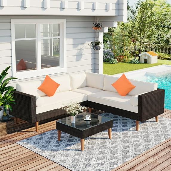 4 Pieces Wicker Outdoor Patio Furniture Set, L-Shape Sectional Sofa Couch with Tempered Glass Table and Cushions for Garden Poolside