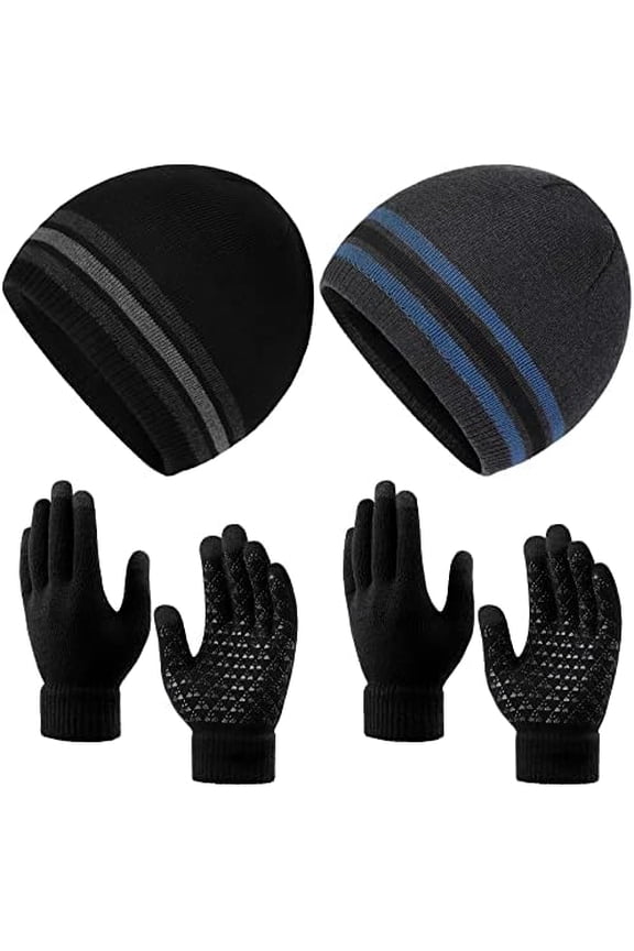 4 Pieces Winter Warm Beanie Hat Gloves Set Knitted Beanie Skull Cap Touchscreen Mitten Gloves for Men and Women