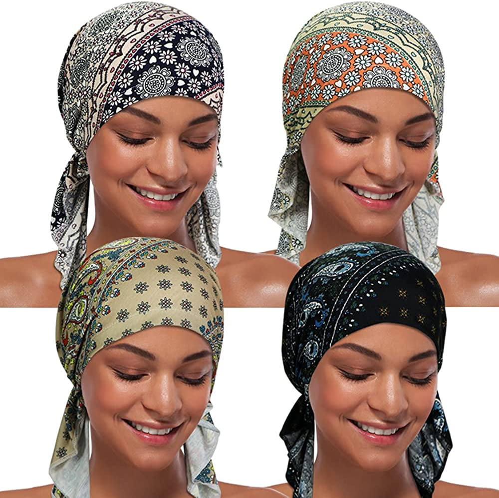 4 Pieces Women Chemo Hat Turban Beanie. PreTied Headwraps Headwear