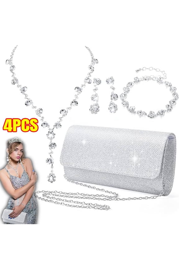 4 Pieces Women Evening Rhinestone Jewelry Set Bling Glitter Clutch Purse Necklace Earrings Bracelets for Women Bride Wedding Evening Party