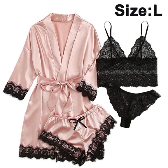 4 Pieces Women's Satin Floral Lace Cami Top Lingerie Pajama Set with Robe Dressing Gown Kimono Lingerie Set Satin Pyjamas Lace Robe Bra