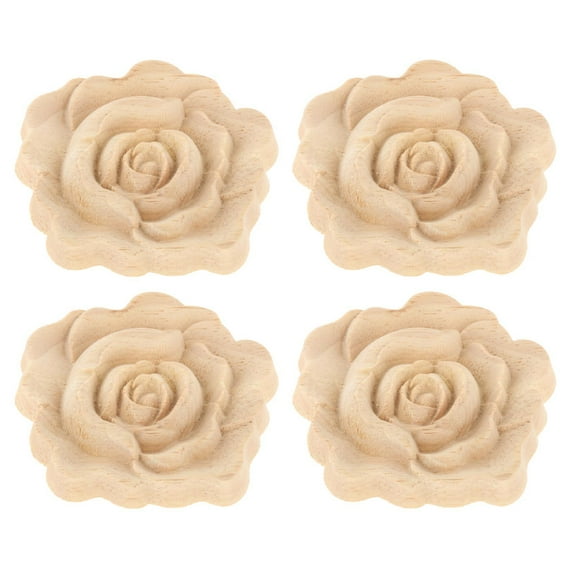 4 Pieces Wood Carved Applique Figurine Onlay Rose Flower Carving Woodcarving Door Decoration Ornament , Dia.2.76inch