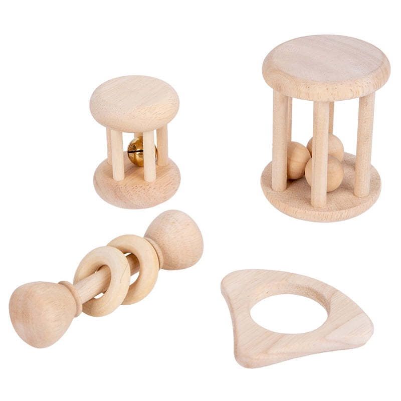 Wooden Rings Rattle 4 Pieces Wooden Baby Rattle Toy Montessori Teething Ring Log Geometric ...