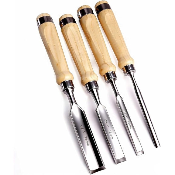 4-Pieces Woodworking Wood Chisel Set,8mm 12mm 18mm 25mm CR-V Steel Sharp Curved Inner Edge Gouge Firm Wood Handle (Inner Edge Set)