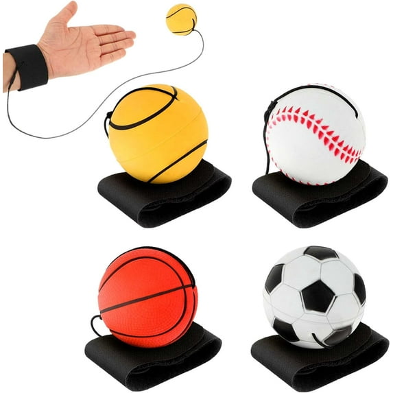 4 Pieces Wrist Return Ball, 2 Inch Rubber Rebound Ball Wristband On A String Sports Wrist Ball Includes Basketball, Baseball and Football for Teens Adults Wrist Exercise or Play