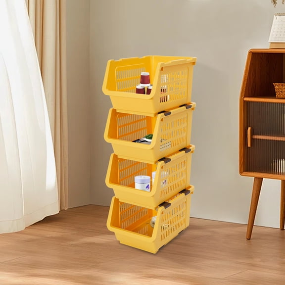 4 Pieces Yellow Color Stacking Storage Baskets, Floor Standing Storage Organizer Baskets, Modern Style Rectangular Storage Bins