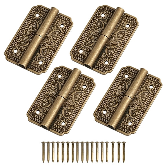 4 Pieces of Antique Bronze Decorative Brass Hinges, Vintage Cabinet Door Connecting Hardware for Wooden Cases and Storage Cabinets