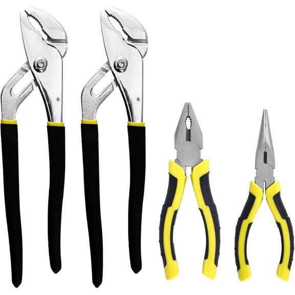 4- Pilers Set with10 Inch Groove Joint Pliers, Adjustable Wrench and 6 Inch Long Nose, Lineman's Pliers for Use and DIY Project