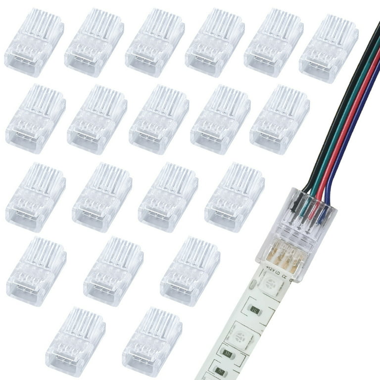 4 Pin Led Connectors for Strip Lights, 20 Pack 10mm Waterproof RGB LED  Strip Extensions Solderless LED Light Adapter 5v 12v 24v Transparent 20pcs  