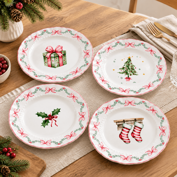 4-Pink Bow Christmas Ceramic Dinner Plates, 9 Inch, Set of 4