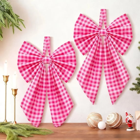Under 4$! Pink Gingham Christmas Tree Topper Bow, 9.8 x 7.1 Inch Large Plaid Christmas Bow with Hanging Loop, Wreath Bow for Tree Door and Holiday Party Decor