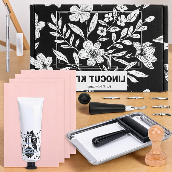 4 Pink Linoleum Blocks Linocut Kit for Beginners, Making Set with Carving Tools, Ink, Brayer, Baren & Transfer Paper for Printmaking