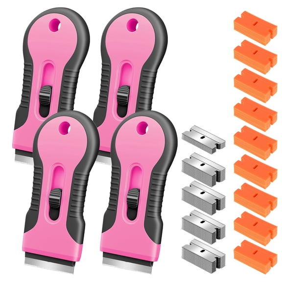 4 Pink Razor Blade Scrapers with 45 Metal & 90 Plastic Blades for Paint, Stickers, Decals, Glass & Stovetop Cleaning