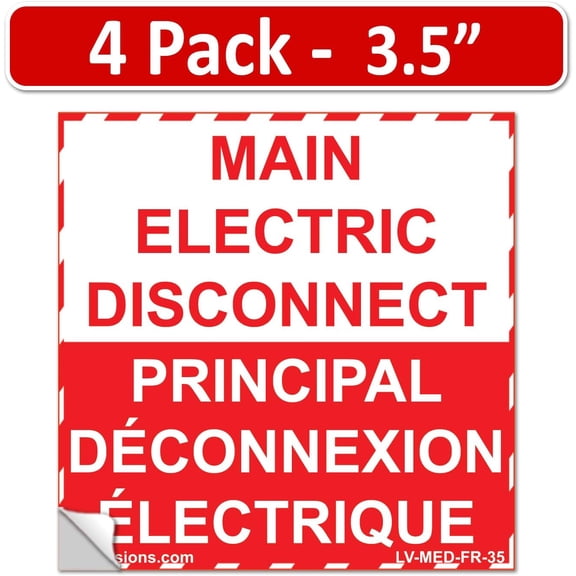4-Pk 5" x 3.5" Main Electric Disconnect Bilingual French Franais Labels Emergency Sign Notice Vinyl