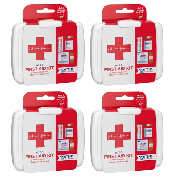 4/Pk J&J First Aid TO GO Mini Portable Bandages Gauze Pads & Wipes Kit 12 Count Items in One Pack (48 Count)