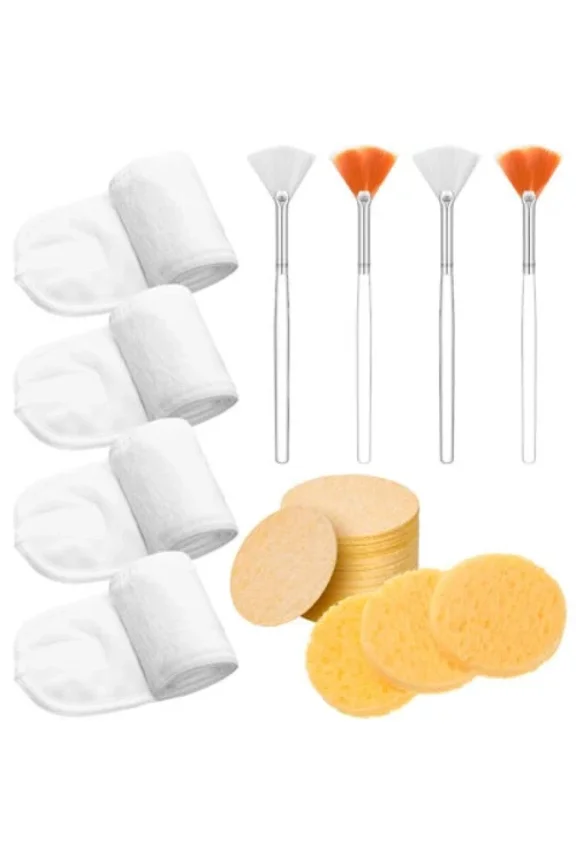 4-Pk Spa Facial Headbands For Women Cotton Hair Wraps Skin Towel W/Sponges,Brush