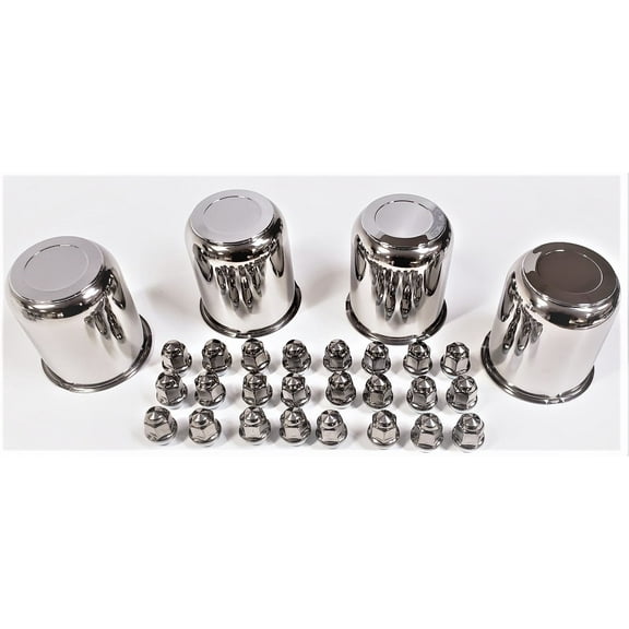 4-Pk Trailer Wheel Lug and Cap Sets - Stainless Hub Cover With 24 Lug Nuts 3.75 In. Center