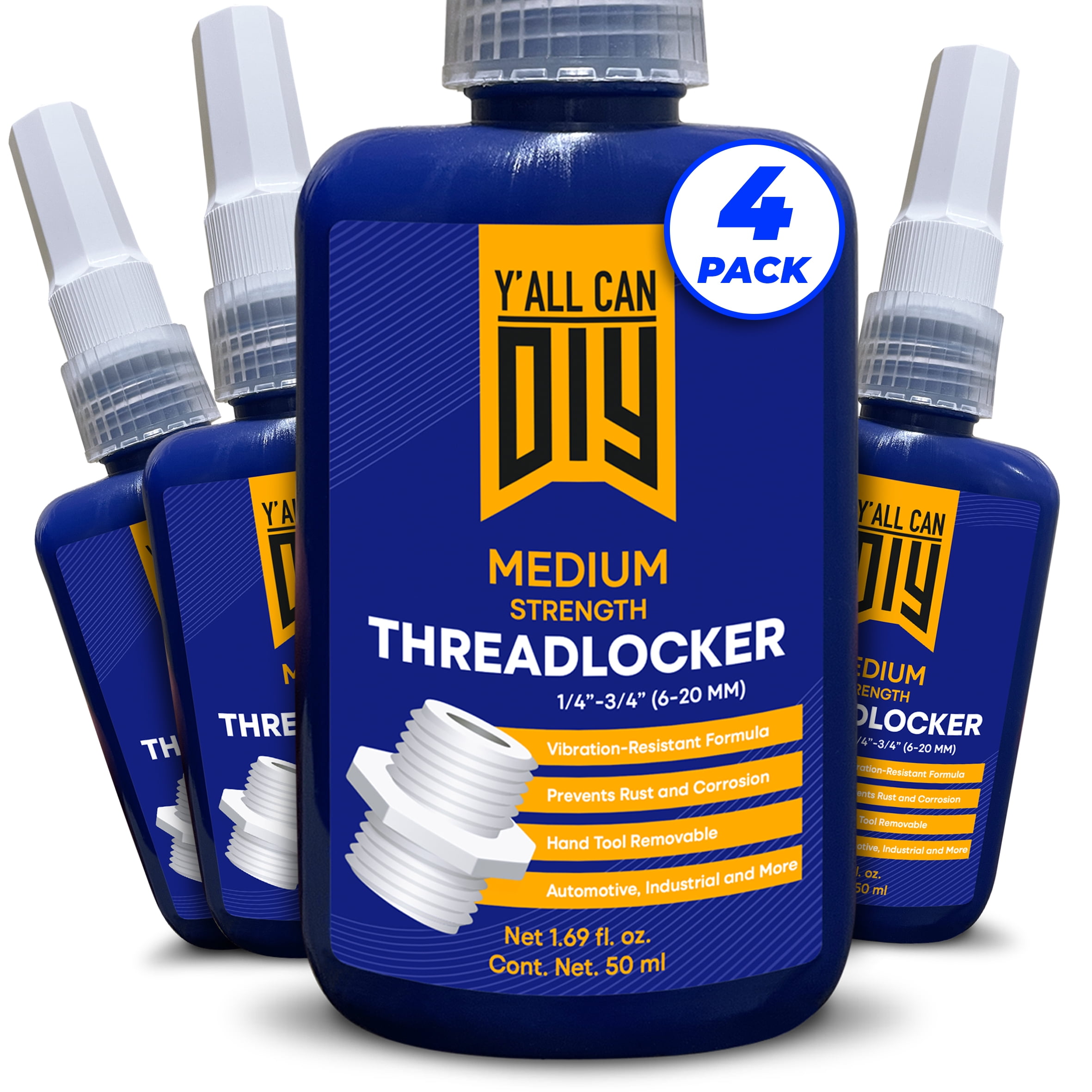 4 Pk x 1.69 fl.oz. MediumStrength Blue Threadlocker for Nuts, Bolts