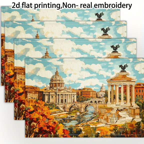 of 4 Placemats Featuring 2D Flat Printing And Non-Real Embroidery of Rome in a Pop Art Style, Designed for Dining Tables, Kitchens, Parties, Indoor Use, Holidays, Dinner Gatherings