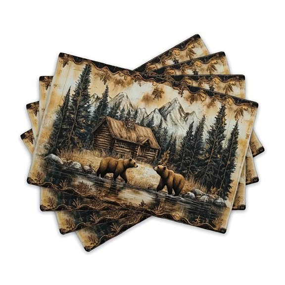 of 4 Placemats Featuring a Bear And Cabin Nature Scene, Measuring 12X18 Inches, Heat-Resistant, Decorative, Washable, Perfect for Home Dining Or Wedding Banquets