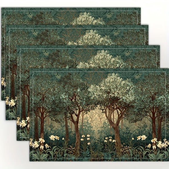 Of 4 Placemats Inspired by Featuring a Forest Design, Suitable for Dining Tables, Kitchens, Parties, Indoor Use, Holidays, Dinner Gatherings, And Home Decoration, Measuring 12X18 Inches